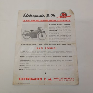 Foglio brochure Elettromoto P.M. macchina autarchica anno 1942