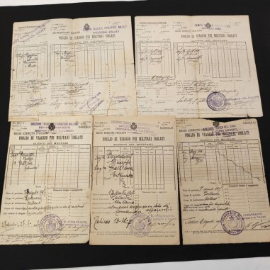 Lotto di 5 fogli di viaggio per militari isolati aviazione anno 1917 Taliedo