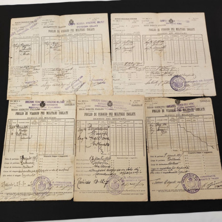Lotto di 5 fogli di viaggio per militari isolati aviazione anno 1917 Taliedo