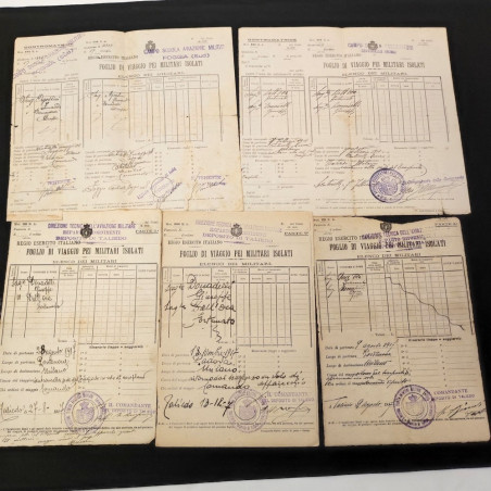 Lotto di 5 fogli di viaggio per militari isolati aviazione anno 1917 Taliedo