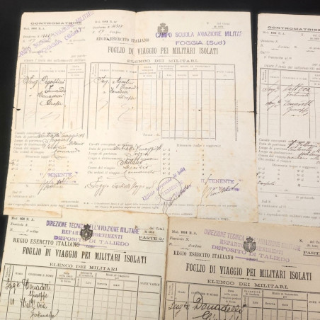 Lotto di 5 fogli di viaggio per militari isolati aviazione anno 1917 Taliedo