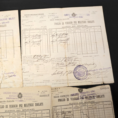 Lotto di 5 fogli di viaggio per militari isolati aviazione anno 1917 Taliedo