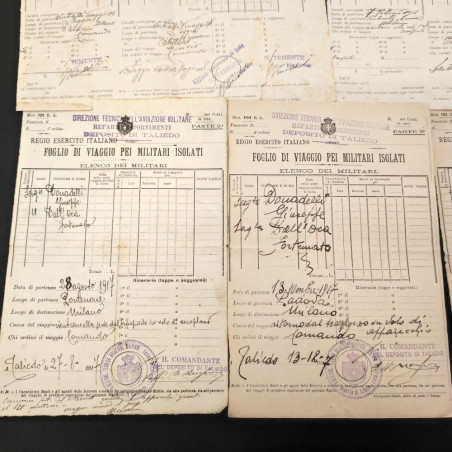 Lotto di 5 fogli di viaggio per militari isolati aviazione anno 1917 Taliedo