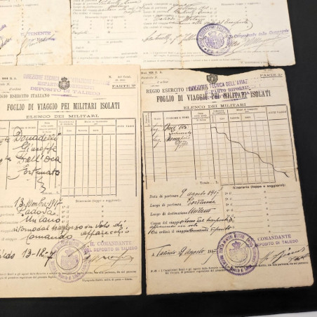 Lotto di 5 fogli di viaggio per militari isolati aviazione anno 1917 Taliedo