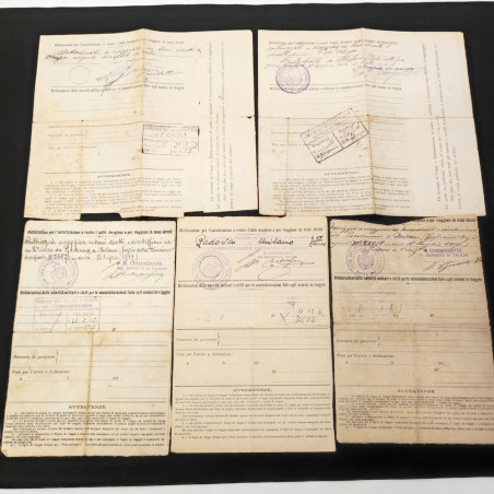 Lotto di 5 fogli di viaggio per militari isolati aviazione anno 1917 Taliedo