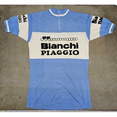 Maglia ciclismo vintage originale Bianchi Piaggio lana celeste e bianca inusata