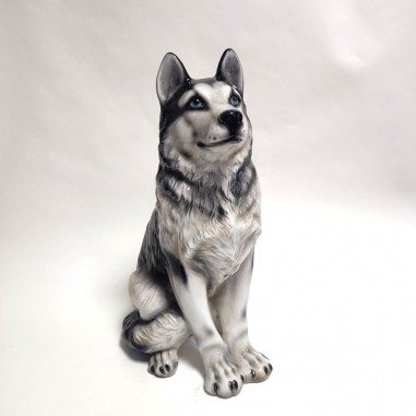 Statua in ceramica cane Husky seduto h. 58 cm bella fattura