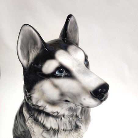 Statua in ceramica cane Husky seduto h. 58 cm bella fattura