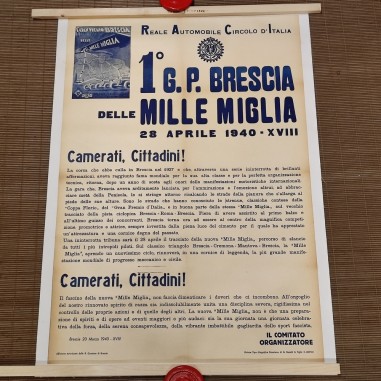 Manifesto originale 1° GP Brescia Mille Miglia 28 Aprile 1940 telato
