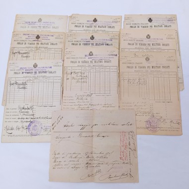 Lotto di 11 fogli di viaggio militari aviazione 1917-18 Ingiallimenti