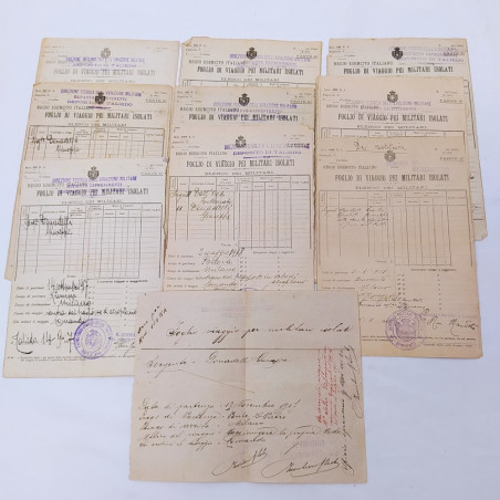 Lotto di 11 fogli di viaggio militari aviazione 1917-18 Ingiallimenti
