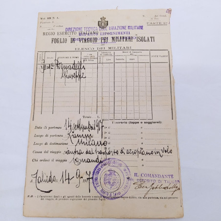 Lotto di 11 fogli di viaggio militari aviazione 1917-18 Ingiallimenti