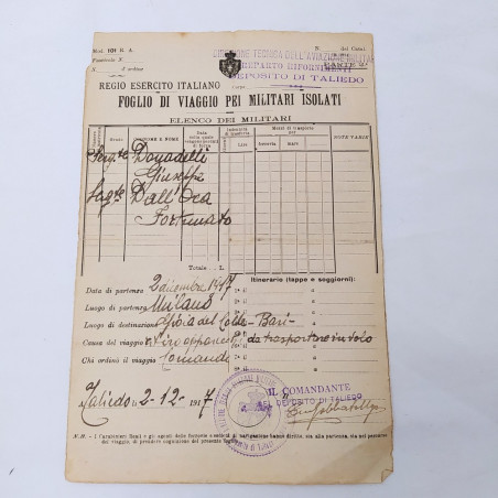 Lotto di 11 fogli di viaggio militari aviazione 1917-18 Ingiallimenti