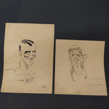 2 caricature: Varzi di Mario Molinari 1934, Nuvolari di M.V. Marchi. Macchie