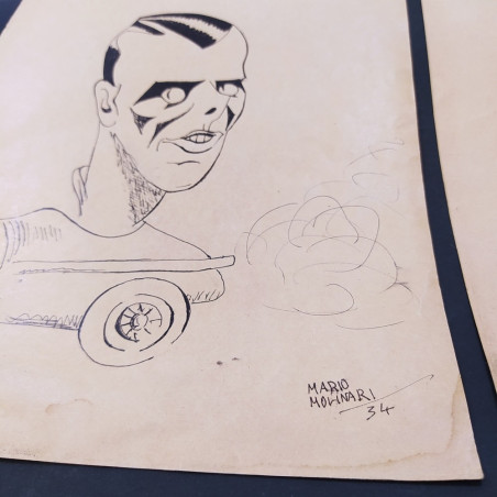 2 caricature: Varzi di Mario Molinari 1934, Nuvolari di M.V. Marchi. Macchie