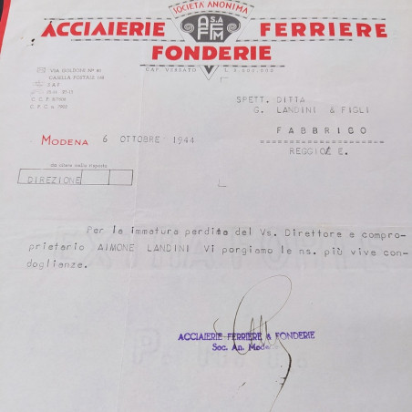 Lettera condoglianze Acciaierie Fonderie Ferriere a Landini e Figli 1944 Buona