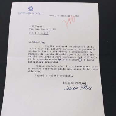 Lettera autografa Sandro Pertini su carta Camera dei Deputati 1958 Annotata