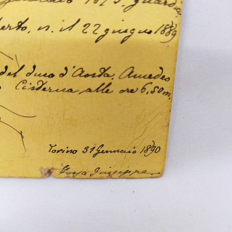 Cartolina Amedeo d’Aosta 1890 con breve bio dattiloscritta sul retro Macchie