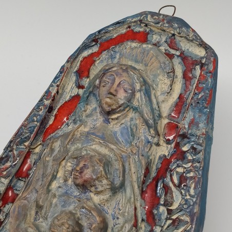 Ceramica artistica Madonna con Bambino colore blu, azzurro e rosso 35x16 cm