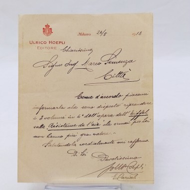 Lettera autoografa editore Ulrico Hoepli 1918 Buono