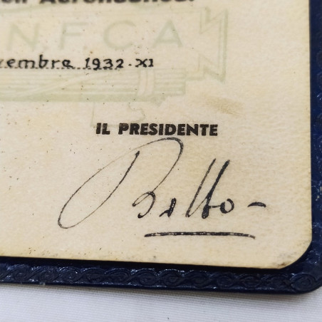 Tessera ANFCA Ferraro Alfredo Amedeo 1932 con firma timbrata Italo Balbo