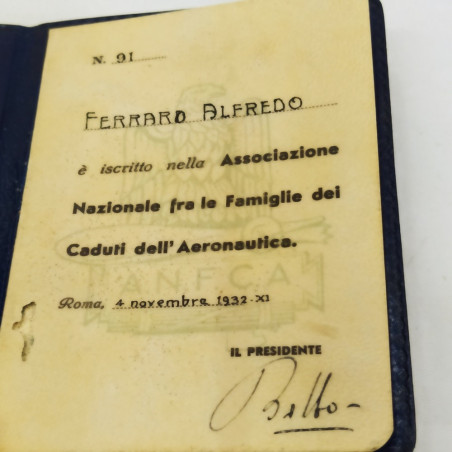 Tessera ANFCA Ferraro Alfredo Amedeo 1932 con firma timbrata Italo Balbo