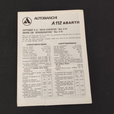 AUTOBIANCHI A112 Abarth Supplemento al manuale di uso manutenzione FRA GER