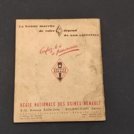 RENAULT 4 cv Notice d'Entretien Types R1062 R2072 N.E. 595