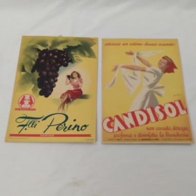 Lotto 2 cartoncini pubblicitari PERINO CANDISOL anni '47 e '51 -  Ingiallimenti