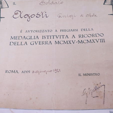 Lotto 3 Decreti con 2 medaglie ricordo Guerra Mondiale- Segni del tempo