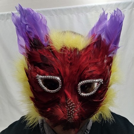 Maschera artigianale rivestita in piume rosse