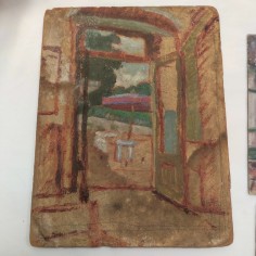 Dipinto olio su masonite, veduta di un giardino dall'interno di una casa
