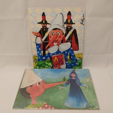 Lotto di due dipinti soggetto Pinocchio autrice Pellegrino Federica