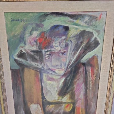 Tempera su tela Roberto Casadio 1971 figura di donna fronte stile cubismo