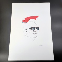 Stampa di disegno di Nani Tedeschi con Enzo Ferrari e muso di auto 1993