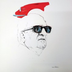 Stampa di disegno di Nani Tedeschi con Enzo Ferrari e muso di auto 1993 2