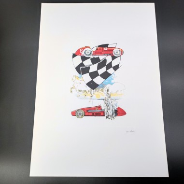 Stampa di disegno di Nani Tedeschi con Ferrari Vittoria alata e bandiera 1993