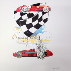 Stampa di disegno di Nani Tedeschi con Ferrari Vittoria alata e bandiera 1993 2