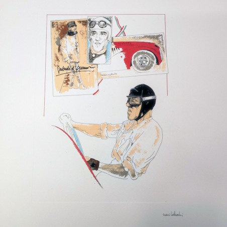 Stampa di disegno di Nani Tedeschi per Ferrari con pilota Nuvolari 1993