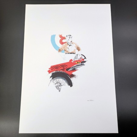 Stampa di disegno di Nani Tedeschi con pilota Ferrari José Froilán González 1993
