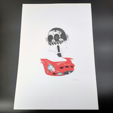 Stampa di disegno Nani Tedeschi muso di Ferrari e duomo di Modena 1994