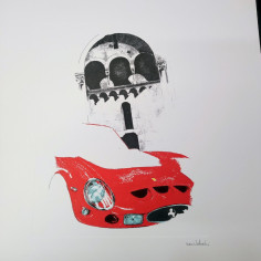 Stampa di disegno Nani Tedeschi muso di Ferrari e duomo di Modena 1994 2