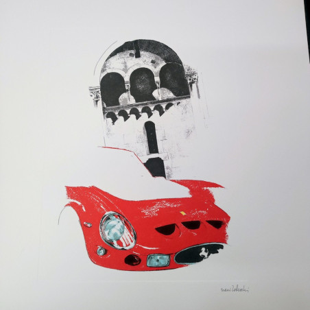Stampa di disegno Nani Tedeschi muso di Ferrari e duomo di Modena 1994