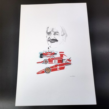 Stampa di disegno Nani Tedeschi e pilota Clay Regazzoni 1994