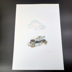 Stampa di disegno Nani Tedeschi con Enzo Ferrari pilota 1994
