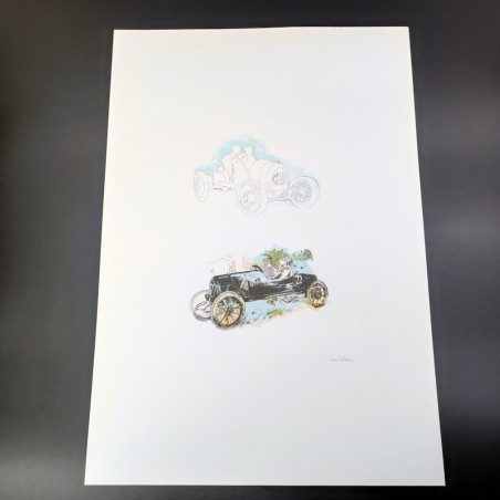 Stampa di disegno Nani Tedeschi con Enzo Ferrari pilota 1994