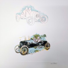 Stampa di disegno Nani Tedeschi con Enzo Ferrari pilota 1994 2