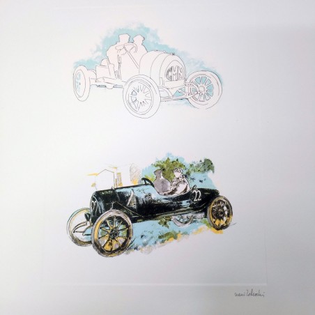 Stampa di disegno Nani Tedeschi con Enzo Ferrari pilota 1994