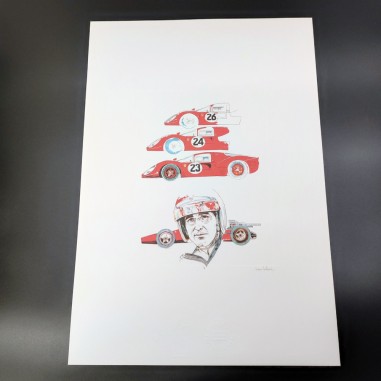 Stampa del disegno Nani Tedeschi per il calendario Ferrari - auto e pilota