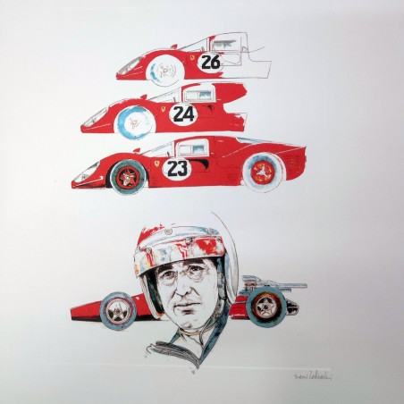 Stampa del disegno Nani Tedeschi per il calendario Ferrari - auto e pilota